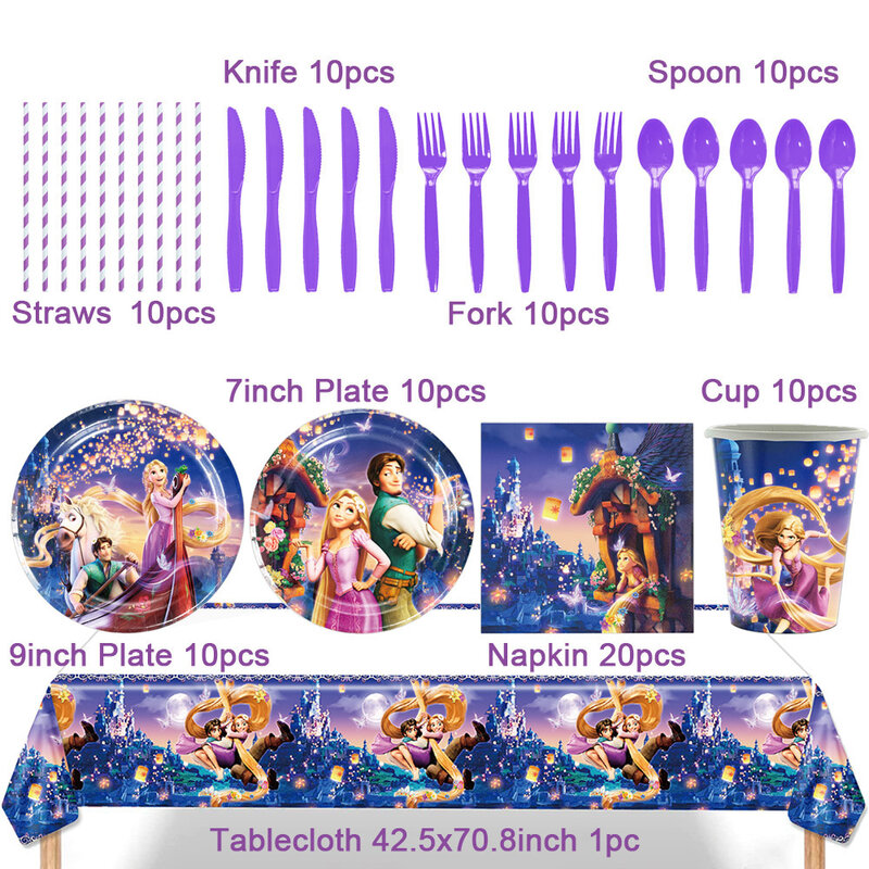 Rapunzel Princesa Tangled Tema Birthday Party Decoration, Talheres descartáveis, Balão de fundo, Banner, Baby Shower, Kid Gift