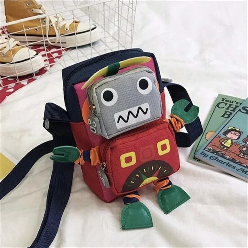 Kinder Cartoon Umhängetasche niedlichen Patchwork Roboter ins Mode Münzen Schlüssel Handy Brieftasche Geschenke Jungen Mädchen blau grün rot