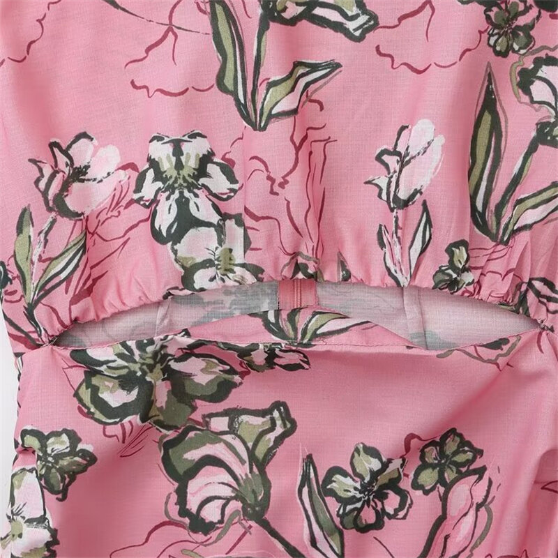 KEYANKETIAN 2024 New Launch Women's Hollow out Midriff Design Dress Summer Pastoral style Flower Print Slim Back Slit Sundress