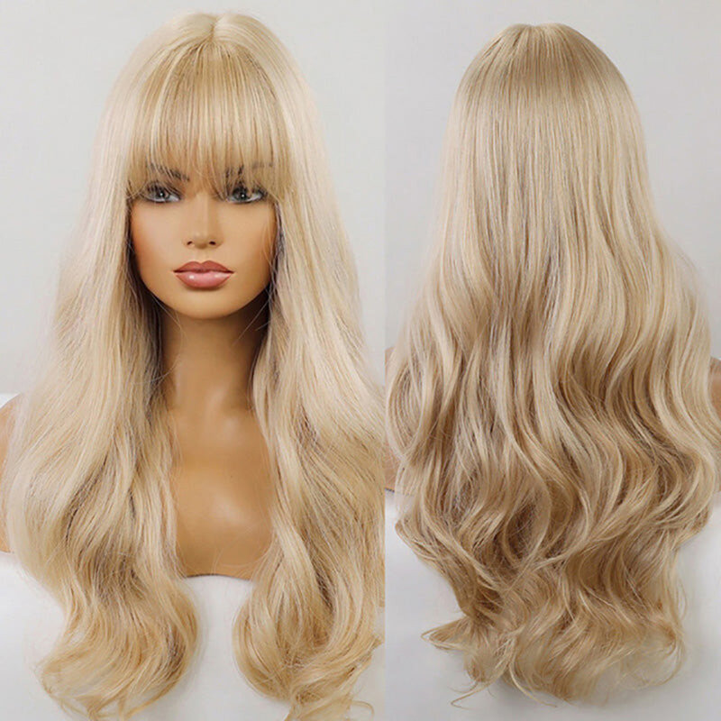 Long Blonde Natural Wavy Machine Made Synthetic Hair Wig With Bang Women Wig Capless Wigs