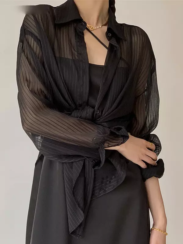 여성용 블랙 블라우스, 섹시한 시스루 스트라이프 셔츠, 오버사이즈 캐주얼 루즈 싱글 브레스트 얇은 상의, 한국 패션, 여름