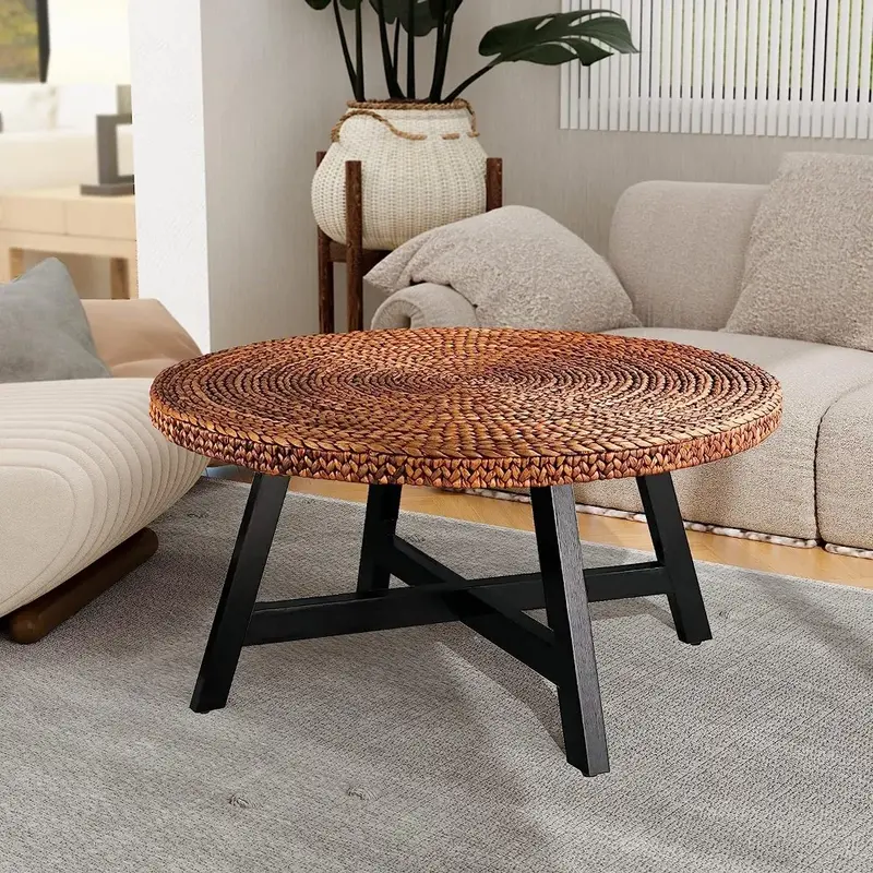 RANDEFURN Round Coffee Table, Seagrass Coffee Tables,Pine Wood X Base Frame Cocktail Table, Easy Assembled, Multiple Sizes