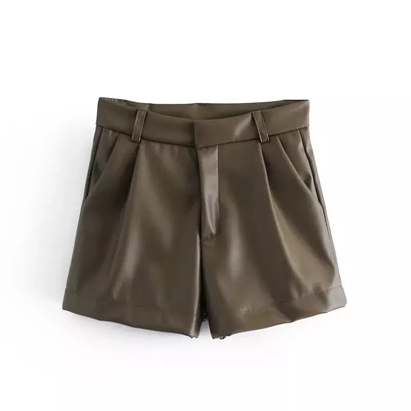 Pantalones cortos de piel sintética para mujer, Shorts de cintura alta con bolsillos laterales, Vintage con cremallera, pierna ancha, Ropa de calle, 2024