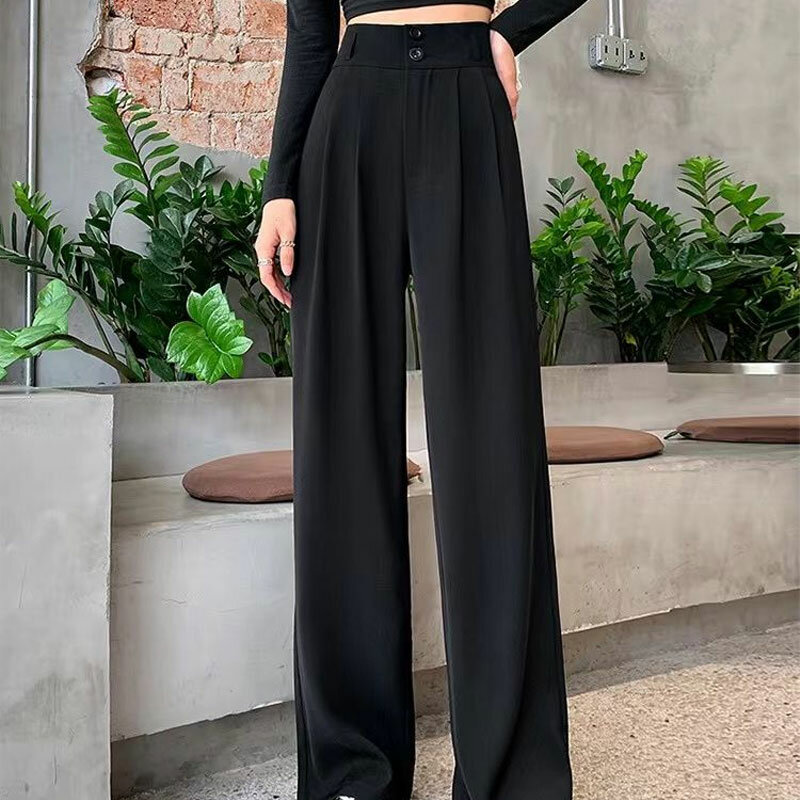 Weibliche Kleidung weites Bein gerade Hosen koreanische hohe Taille 2024 Sommer einfarbige Mode Falten Knopf lässig All-Match-Hose