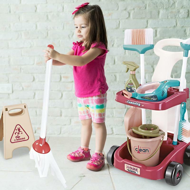 어린이 시뮬레이션 청소 도구 카트 놀이 집 진공 청소기 빗자루 걸레 세트, 청소 위생 장난감 세트, 소년 소녀 3 +