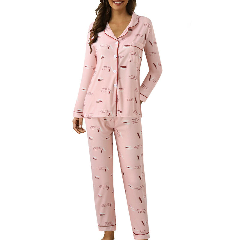Женский пижамный комплект, летний Кардиган с длинным рукавом, одежда для сна с отложным воротником, модная Домашняя одежда с принтом