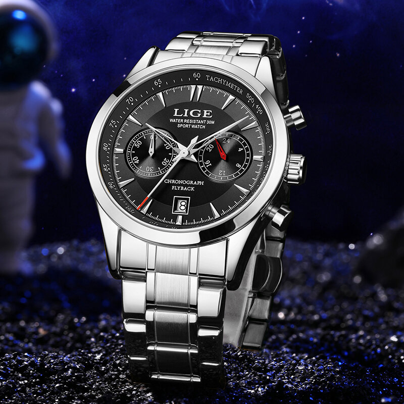 Часы наручные LIGE Мужские кварцевые, брендовые Роскошные водонепроницаемые с хронографом, светящимся циферблатом, с датой, из нержавеющей стали