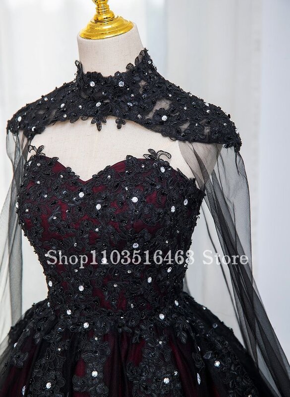 Vestido de noiva gótico com apliqué, bainha vintage, xale com alça frisada, vestido de noiva preto e vermelho, vestido de noiva