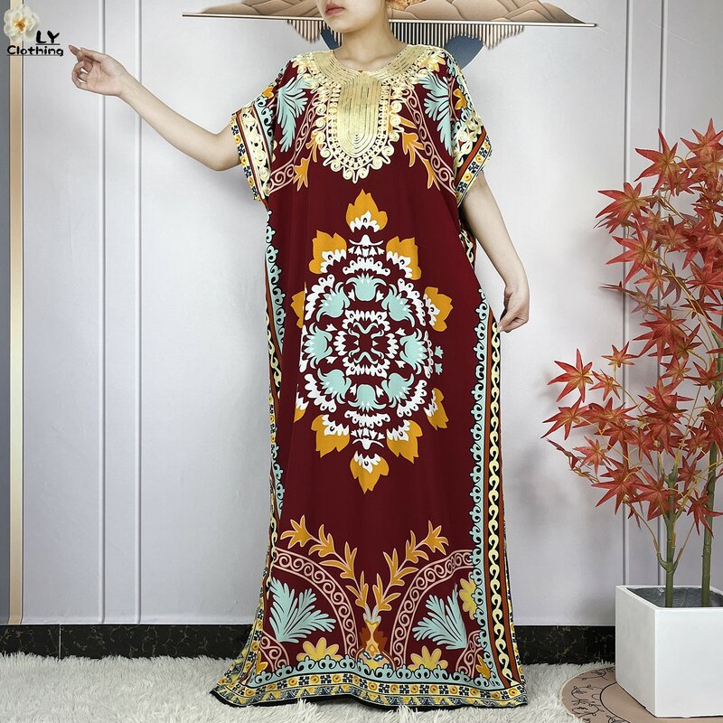 Nowa letnia sukienka z krótkim rękawem bawełna z kwiecistym nadrukiem luźna sukienka Boubou Maxi Islam 2024 afrykańska tradycyjne ubrania Abaya