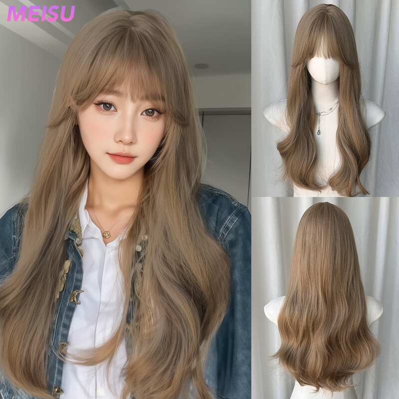 MEISU 24 Inch Brown Curly Wigs Air Bangs Fiber Synthetic Heat-resistant Wave Hair Sweet And Natural Party or Selfie