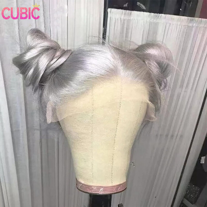 Peluca de cabello humano liso con encaje Frontal, pelo sin pegamento, color gris, HD, transparente, predesplumada, 13x4