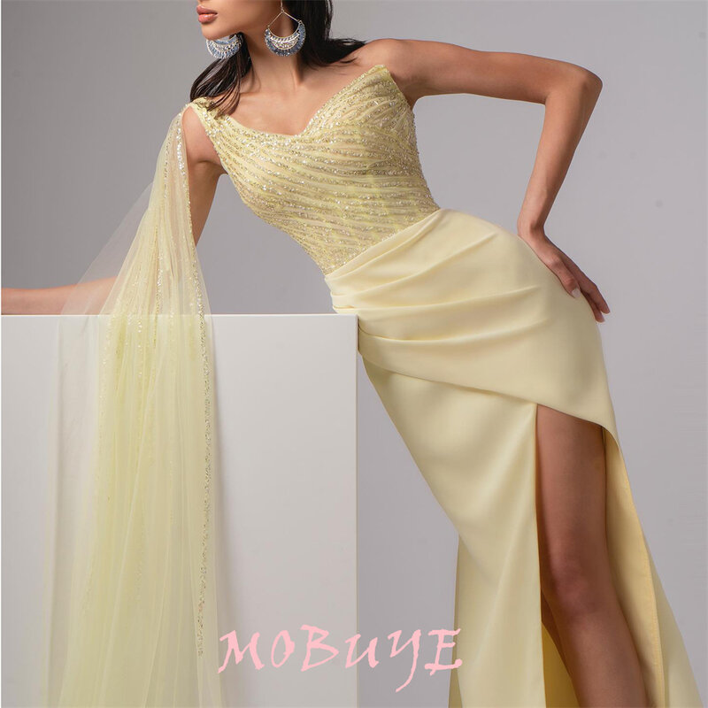 MOBUYE gaun pesta wanita, Gaun satu bahu Prom panjang dengan lengan pendek malam modis elegan 2024