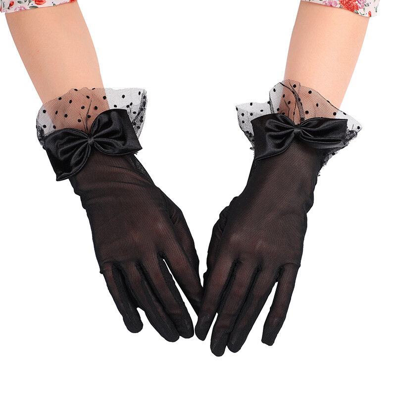 Sarung tangan berkendara antiuv hitam wanita, sarung tangan jaring ikan renda, sarung tangan jari penuh renda modis musim panas untuk wanita