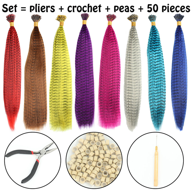 Hebras de colores para extensión de plumas de cabello, postizo sintético, Extensiones De Plumas de línea de cebra, 50 piezas