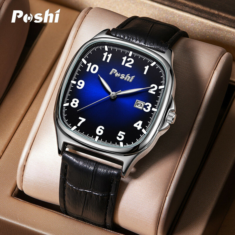POSHI Men Watch Fashion Leather Strap Quartz Watches Waterproof Luminous Calendar Top Brand Luxury Casual Sport Men's Wristwatch