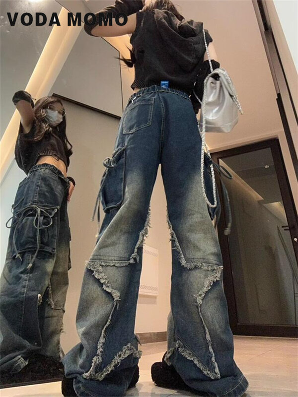 Celana Jeans longgar wanita, celana Denim estetika Harajuku Y2k, celana Jeans longgar mode Gotik, celana Basic serbaguna gaya Vintage Hip Hop