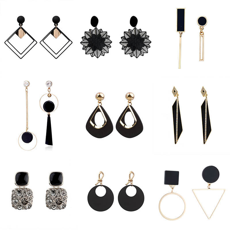 Brincos longos pretos pendurados para mulheres, triângulo e quadrado statement, brincos drop, joias da moda, 2024