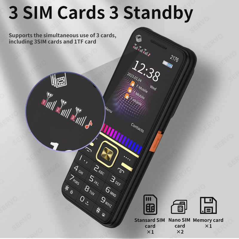 SERVO 2176 기능 휴대폰, 3 SIM 대기 속도 다이얼, 매직 보이스 손전등, 블루투스 스피커, 2GGSM 실용적인 휴대폰