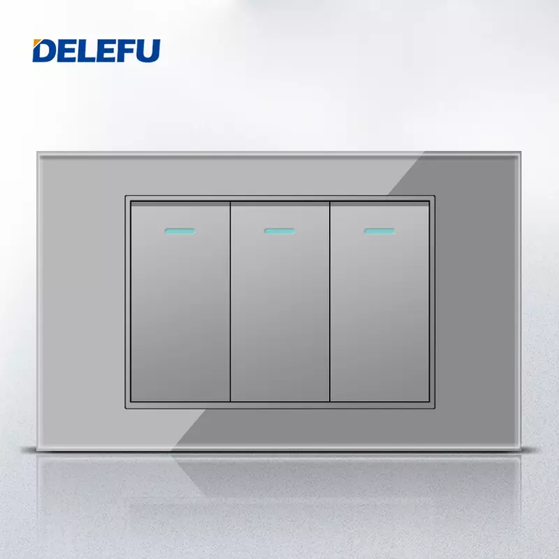 DELEFU-interruptor estándar de Brasil de vidrio templado, 3 interruptores abiertos, 10A, 20A, blanco, gris, dorado, negro, multicolor opcional