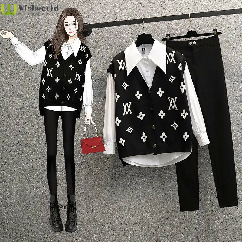 One Piece / Large Women's Clothing Spring and Autumn Set Women's 2022 New Slim Vest Shirt Casual Pants Three Piece Set