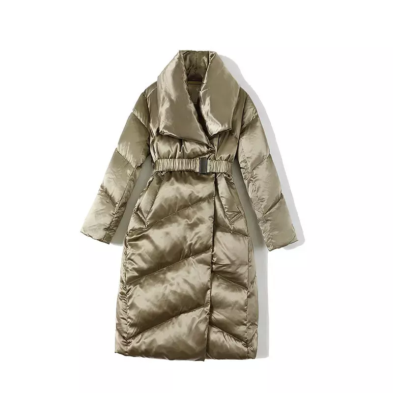 Jaket panjang Midi untuk wanita, mantel hangat, bebek bawah 90%, kerah lipat, renda pinggang, kain cerah, musim dingin