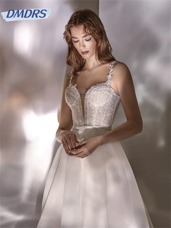 Vestido de noiva amarrado a espaguete, vestido de casamento de linha, vestido até o chão, elegante vestido sem mangas, clássico, sexy, 2024
