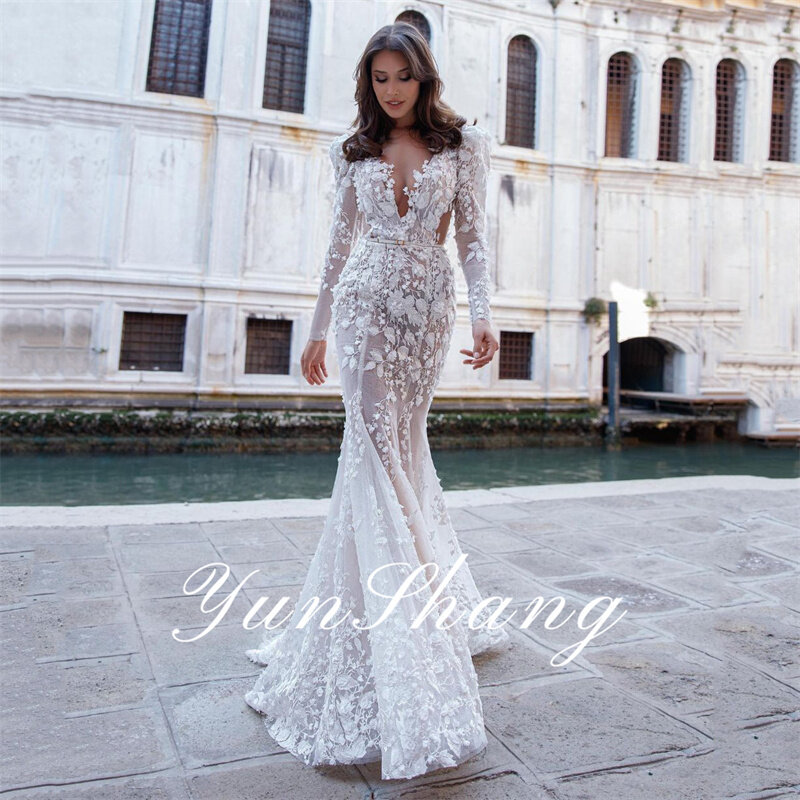 Yunshang Elegant Mermaid Wedding Dress Women Lace Long Sleeve Illusion Back Sweetheart Bridal Gown Sweep Train Vestido De Novia