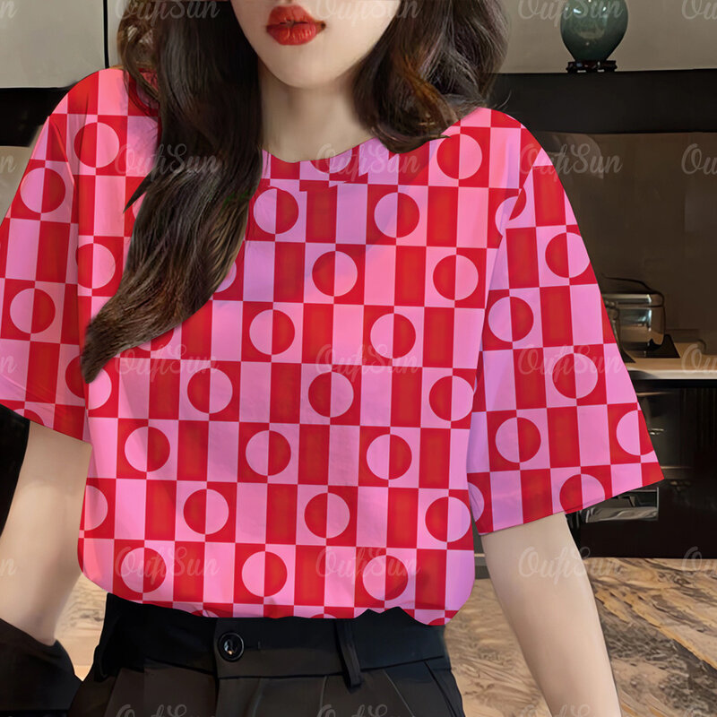 2024 Summer New Women's T-shirts Plaid T-shirt Casual Loose Round Neck Short Sleeves Tees For Women Geometric patterns Tops