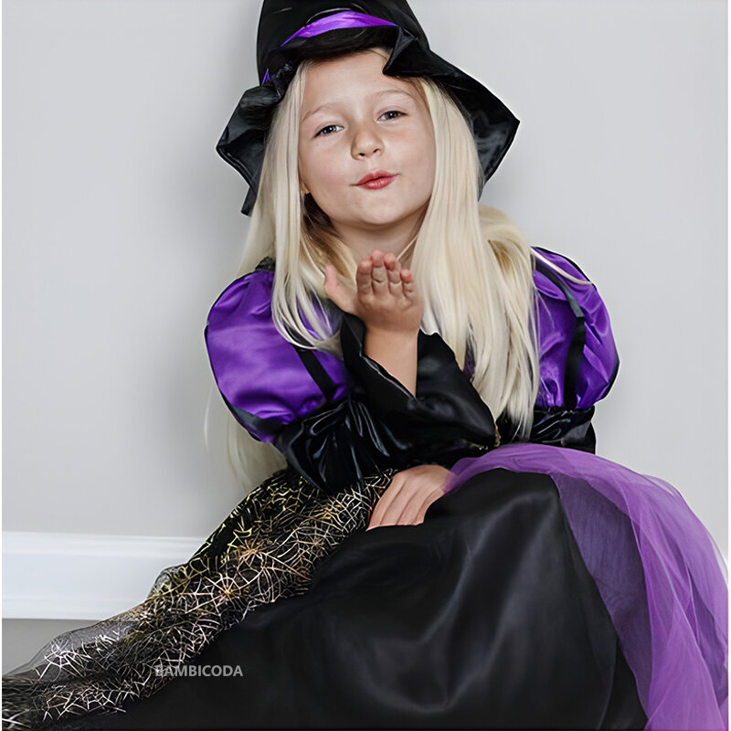 Vestido de Halloween Witch Party para crianças, Gothic Ghost Costume, Vestido infantil, Vestido Tutu, Chapéu para Purim, Carnaval, Meninas
