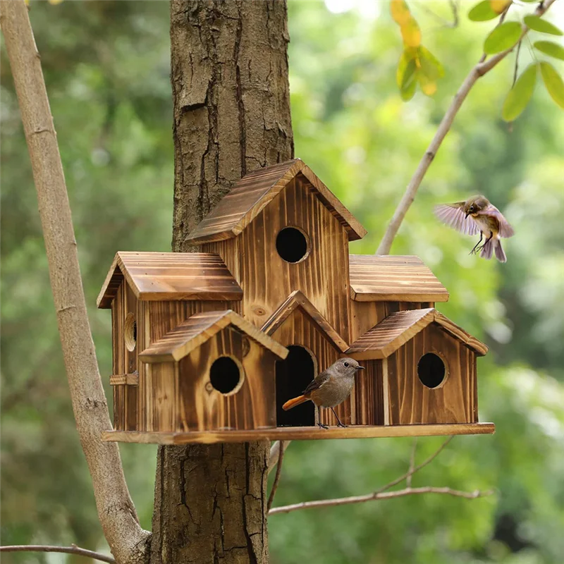 Casa colgante de madera para pájaros, decoraciones para exteriores, 6 agujeros, patio trasero