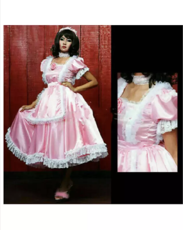 Cosplay Pink Satin Long Sissy Maid Dress
