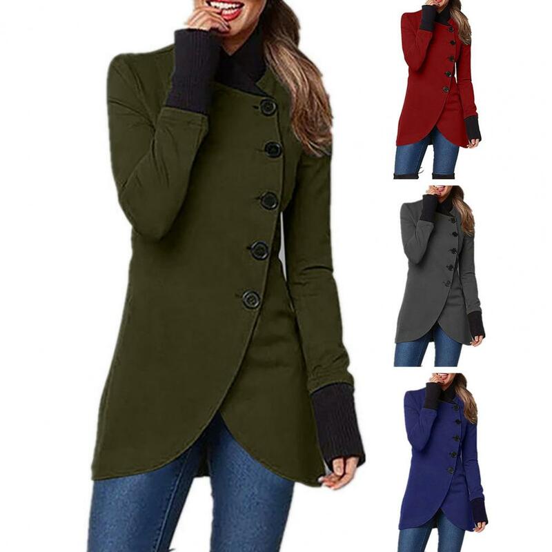 여성용 스탠드 칼라 싱글 브레스트 재킷, 불규칙한 긴팔, 두꺼운 단색, 가을 및 겨울