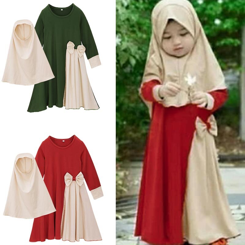 Setelan baju Arab lengan panjang anak, 2 potong baju Arab Turki Dubai, baju Maxi lengan panjang Hijab Muslim dengan jilbab untuk anak perempuan