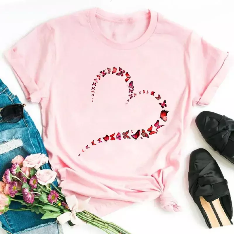 Модная женская футболка в европейском и американском стиле с принтом Love Butterfly, с круглым вырезом и графическим принтом