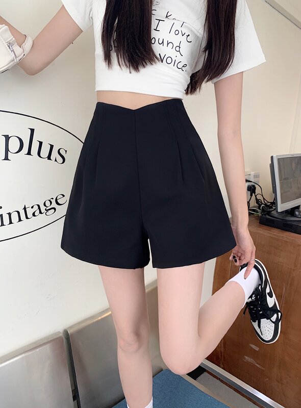 2024 Fashion Women's Pants Chic Solid Color Decorate Casual Short Pant Female High Waist Slim Commute Office Pant Loose V103