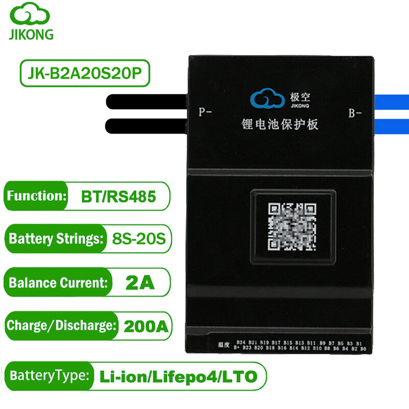 Jk bms smart 2a aktive balance JK-B2A20S20P lifepo4 batterie 8s 16s 20s 200a 48v 60v bt rs485 li-ion 18650 camping batterie ebike