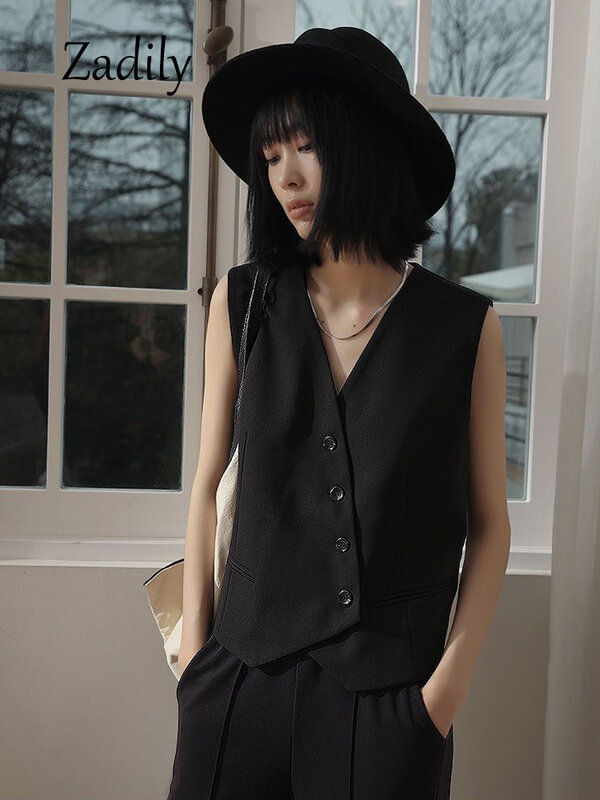 2024 Summer Office Lady Vest Women Waistcoat Korea Style Buttons Top V Neck Sleeveless Outerwear Black Casual Asymmetry Vests