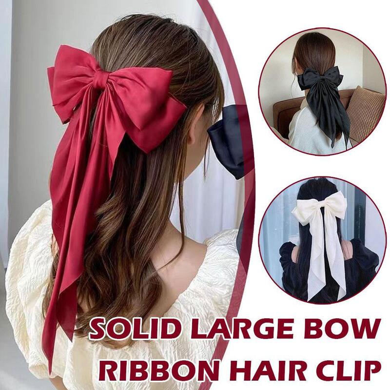 Elegant Large Bow Ribbon Hair Clip for Women Fashion Simple Solid Satin Spring Clip Ponytail Bow Hairpin Girls Hair Accesso K7U8