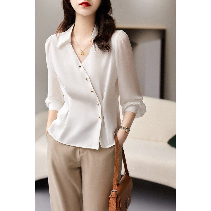 Miiiix-camisa adelgazante para mujer, ropa de trabajo ligera con parte delantera inclinada, estilo maduro, para primavera, 2024