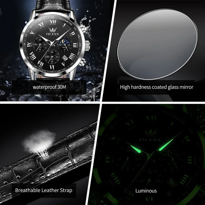 OLEVS-Relógio Quartz Fase da Lua Masculino, Couro, Impermeável, Data Chronograph, Esporte, Marca de Luxo