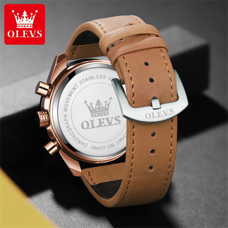 OLEVS-Reloj de pulsera de cuero para hombre, cronógrafo de cuarzo, resistente al agua, luminoso, con fecha, de lujo