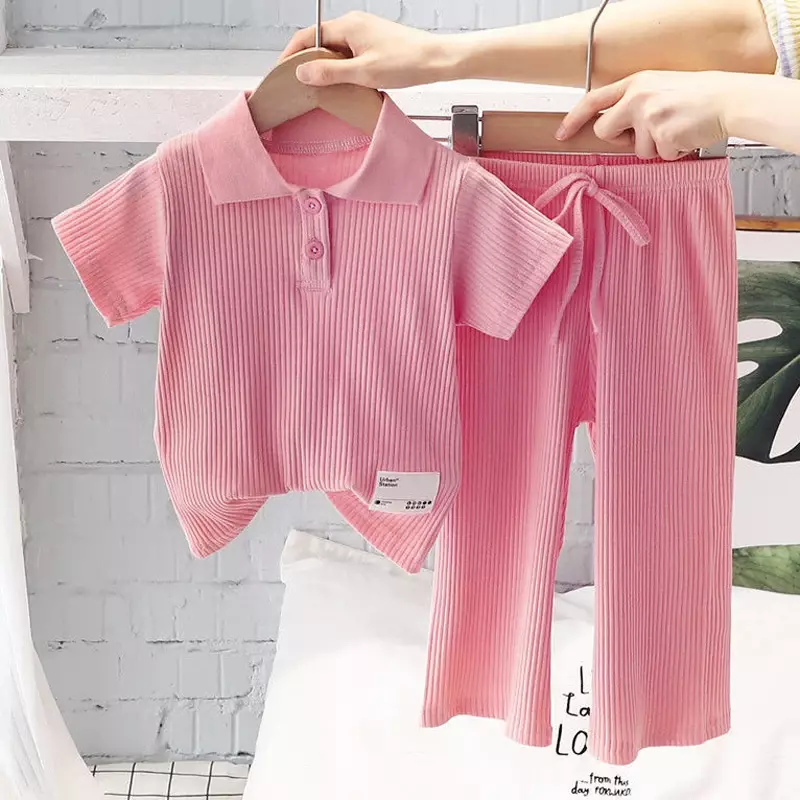 Summer New Girls Clothing Set Solid Color Lapel Collar T-shirt+Wide Leg Pants 2Pcs Fashion Suit For 2-8 Years Casual Outfit