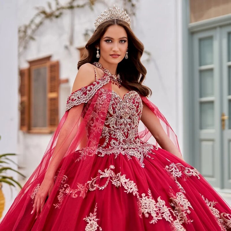 Vestidos de baile Quinceanera com capa, apliques costuradas à mão, lantejoulas brilhantes, princesa vermelha, vestido longo e doce de 16