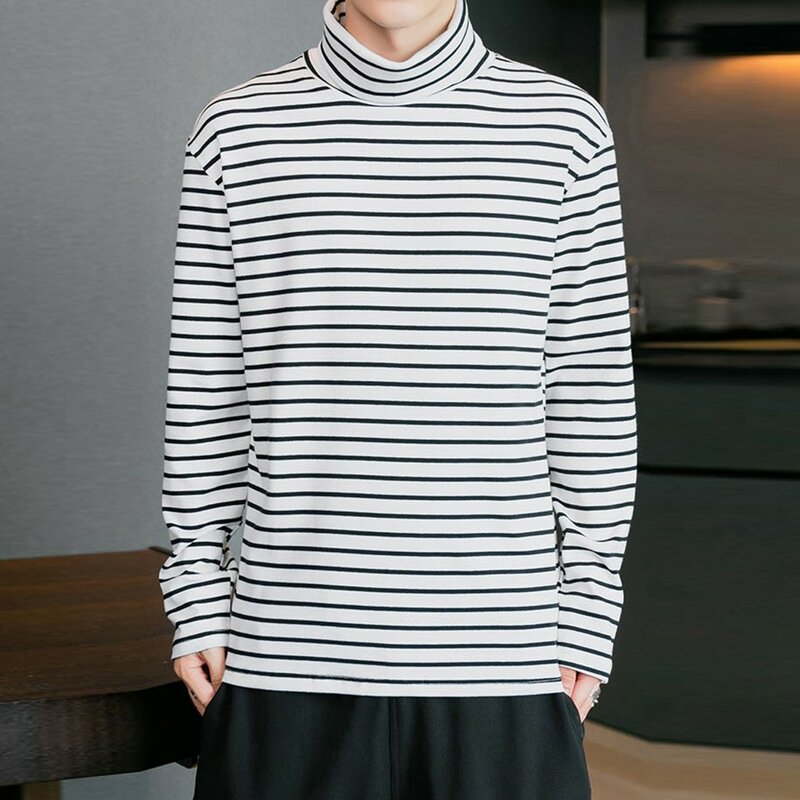 Męskie swetry z golfem z długim rękawem koszulka w paski zimowe ciepłe zwykłe koszule odzież męska modne Slim dopasowane koszulki w stylu koreańskim