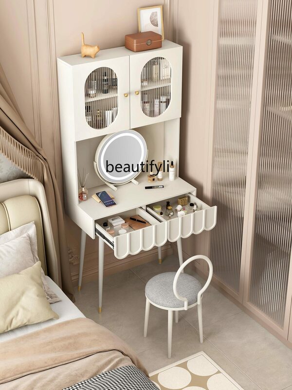 Penteadeira francesa estilo creme, armazenamento integrado, minimalista moderno, mesa de maquiagem quarto