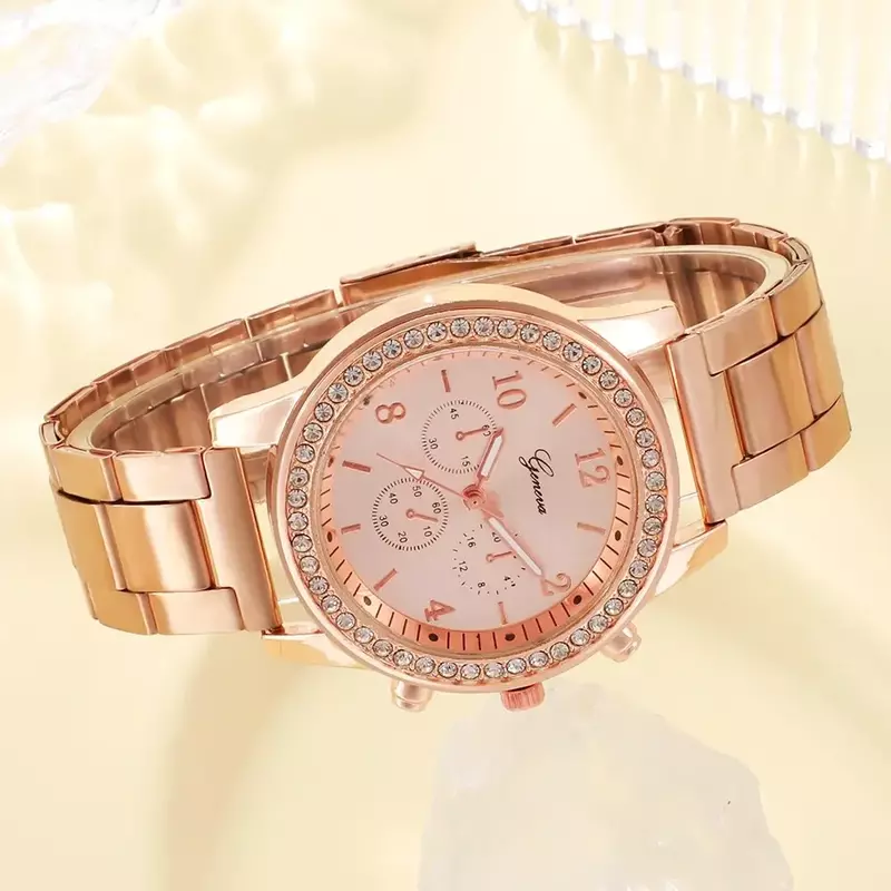 Relógio de pulso de ouro rosa para mulheres, relógio de luxo, anel, colar, brinco, strass, relógios casuais, moda feminina, novo, 6 peças