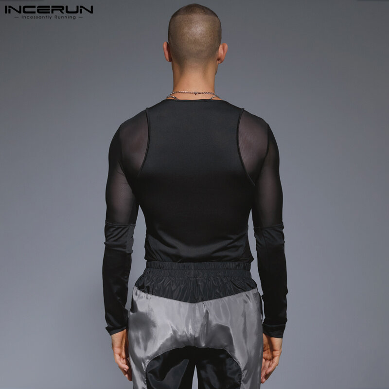 INCERUN 2023 Sexy New Men's Jumpsuits Homewear All-match Mesh Splicing Deconstructed Design Triangle Long Sleeve Rompers S-3XL