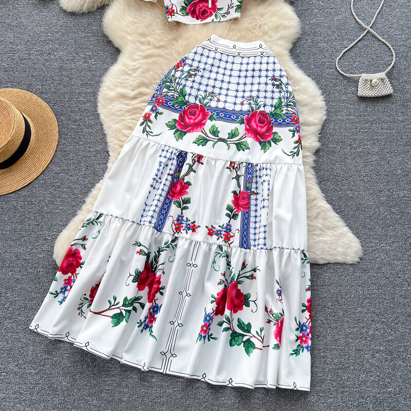 Party Elegant Vintage Rose Flower Print Co Ord Set 2023 Summer Clothes Crop Top And Tiered Long Skirt 2 Piece Sets Women Outfit