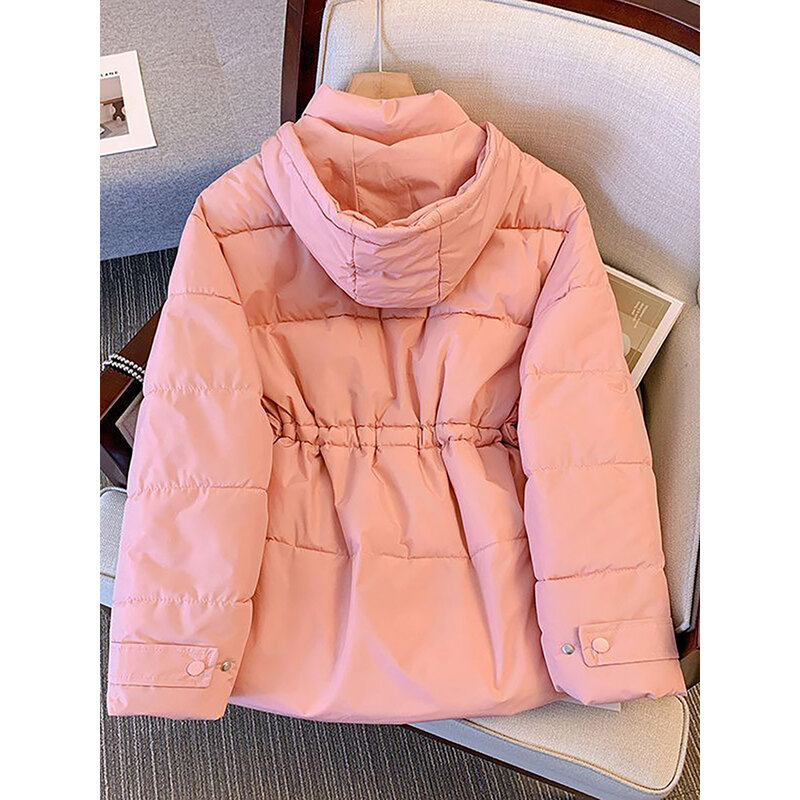 Jaket wanita empuk katun tebal, mantel berkerudung saku besar Pink polos, tali pinggang longgar mode Musim Dingin 2023