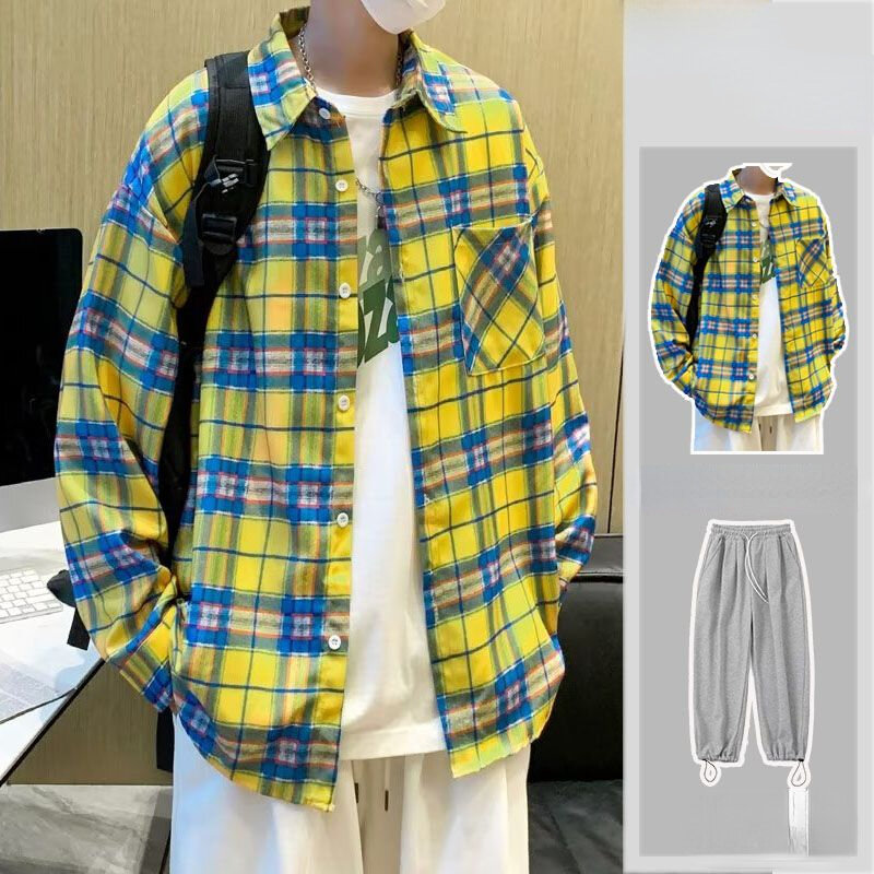 Мужской комплект из двух предметов, рубашка и брюки в клетку с контрастными отворотами и длинными рукавами, модель X95 в Корейском стиле на лето и весну, 2023